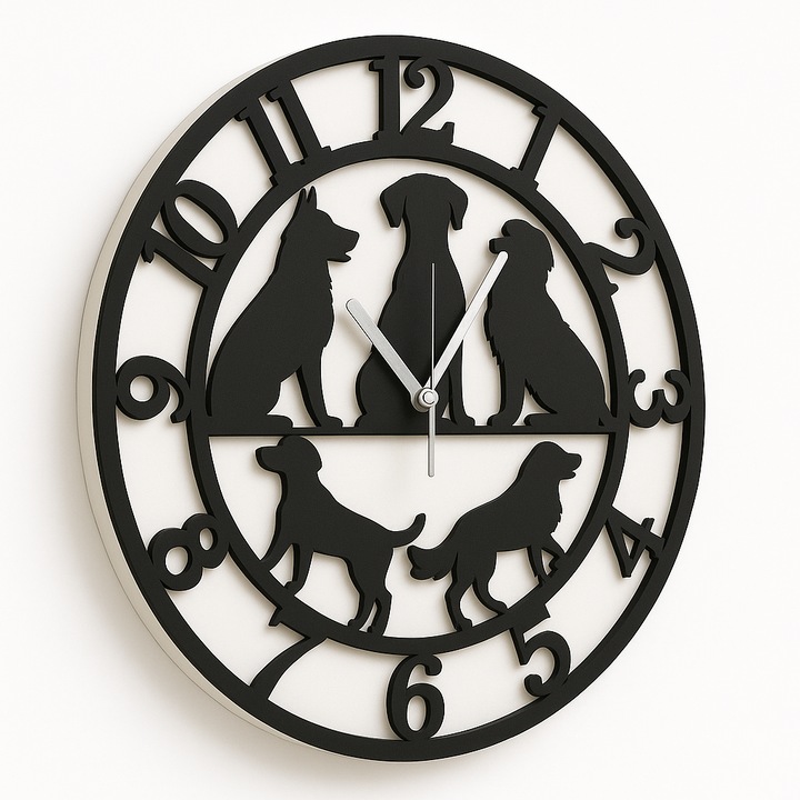 Ceas de perete Caini – 30 cm, Lemn MDF Negru, Decupaj Laser, Decor casa, Cadou pentru iubitorii de caini