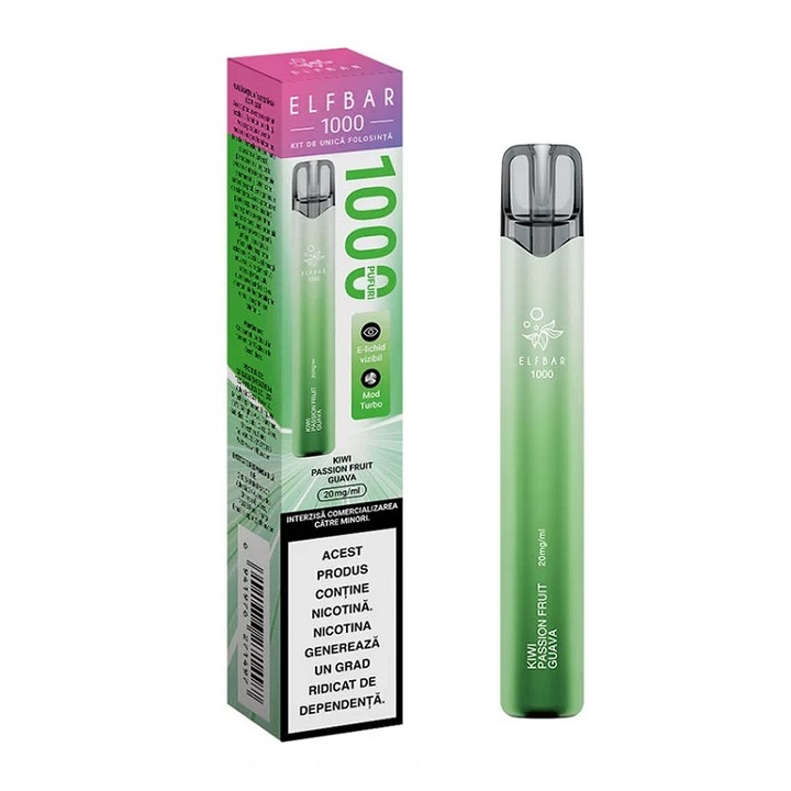 Kit Tigara Electronica Elf Bar 1000 - Kiwi Passion Fruit Guava, 2ml, 20mg/ml nicotina, autonomie pana la 1000 pufuri
