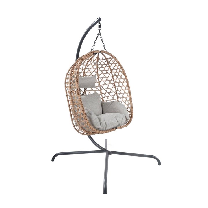 Висящ стол Homla NIDO с бежова възглавница, 104x106x184 см, ратан, стомана, естествен цвят