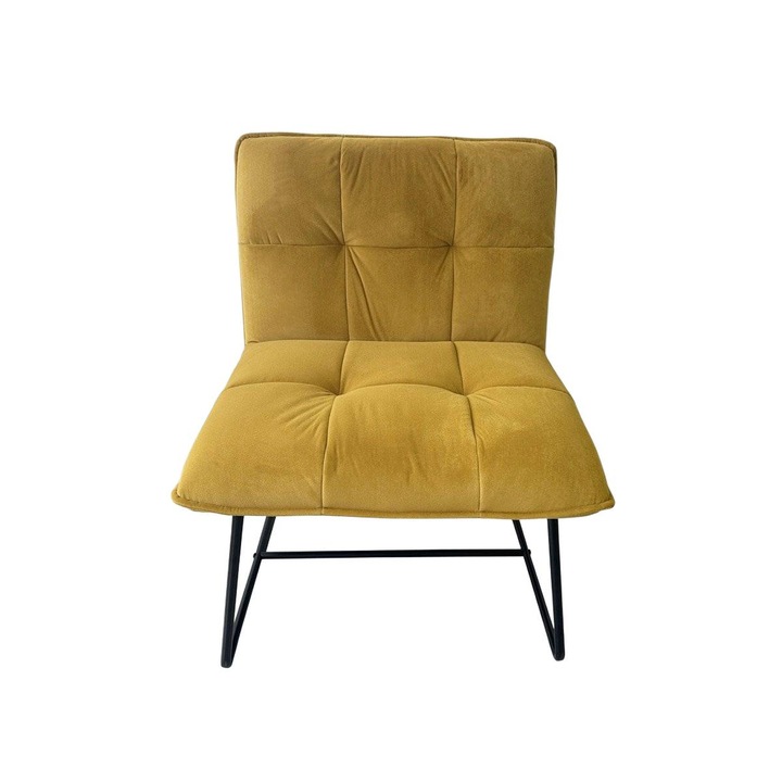 Фотьойл NELOX в горчичен велур, 63x69x73 см, черна метална основа, ретро/бохо дизайн