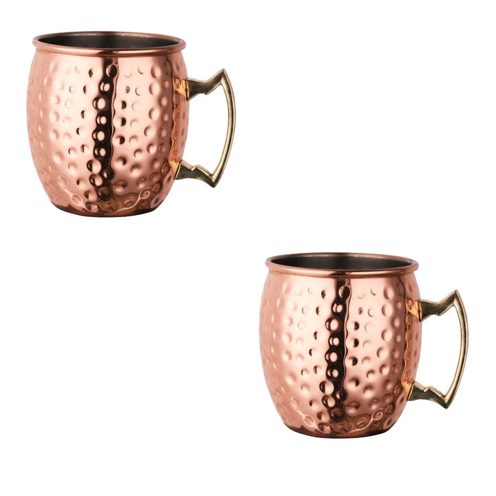 Set 2 Cani/Halbe din Inox cu maner auriu, Aramiu 550ml