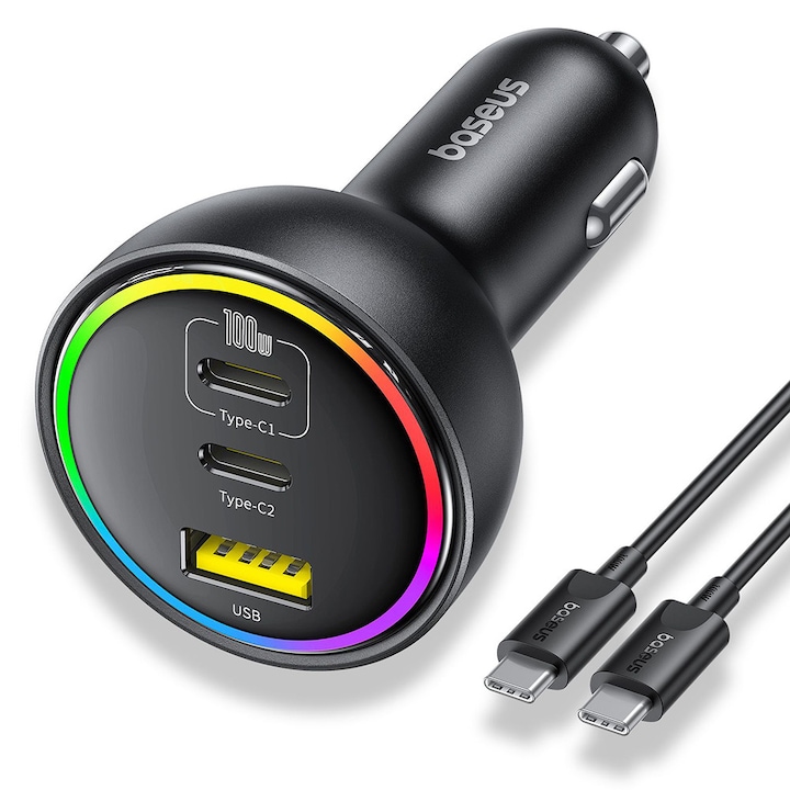 Baseus autós töltő, 1xUSB A, USB Type-C - USB Type-C kábel, 152.5W, RGB fény, 1m kábelhossz, ABS, fekete