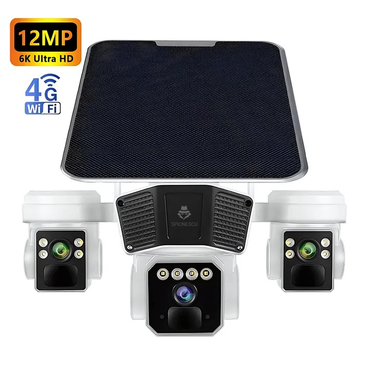 Камера за видеонаблюдение, Q6, Spionescu, 12MP, вграден соларен панел, 4G и Wi-Fi връзка, слот за SIM карта, нощно виждане, детектор на движение, двупосочно аудио, водоустойчивост IP66, бяла