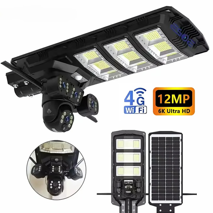 ​Megfigyelő kamera, Q7, Spionescu, 12MP, integrált napelemmel, 4G és Wi-Fi, színes éjjellátó, mozgásérzékelés, kétirányú hang, IP66, 360°-os panorámanézet, fekete