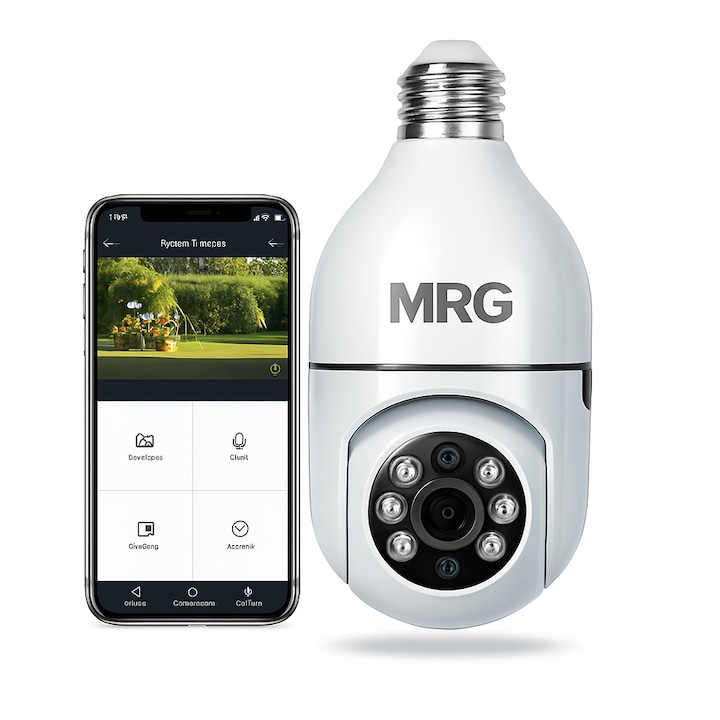 Камера за наблюдение MRG M615, тип крушка 360, бяла, Wi-Fi, двупосочно аудио, нощно виждане, слот за карта, съвместим с Android/iOS
