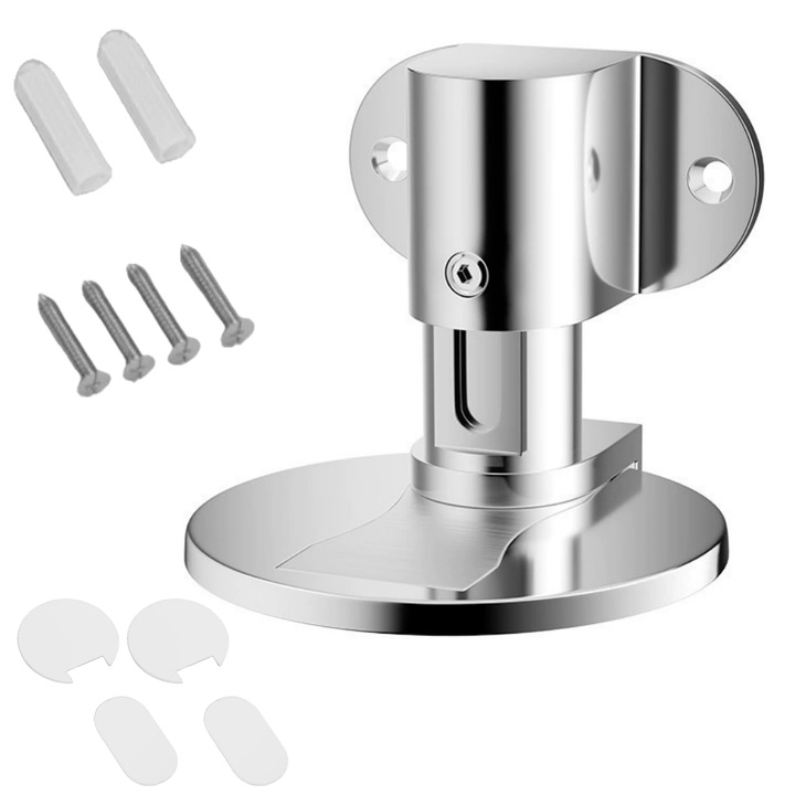 Opritor de Usa Magnetic, Reglabil pe inaltime 0.5-3cm, montaj surub/adeziv, Zinc aliaj, Antialunecare, Fara Gaurire, Fixare Puternica, Potrivit pentru toate tipurile de usi, Argintiu