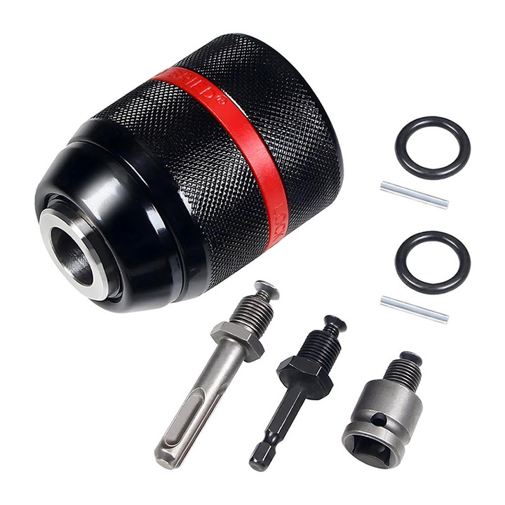 Set 4 mandrine rapide fara cheie, Rqiurpn, Prindere 1/2", 2-13mm, Pentru surubelnite electrice, Metal, Negru