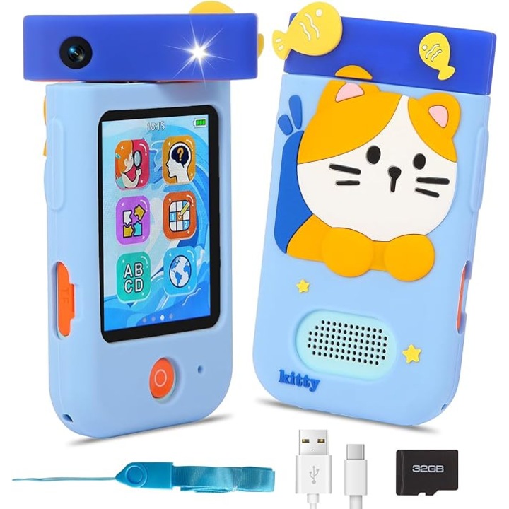 Camera digitala pentru copii 48MP, cu lentila rotativa la 180°, card de 32 GB, ecran LCD 2.8 inch, player MP3, echipata cu functii educationale in limba Engleza, jucarie tip telefon mobil pentru copii de la 3 la 8 ani