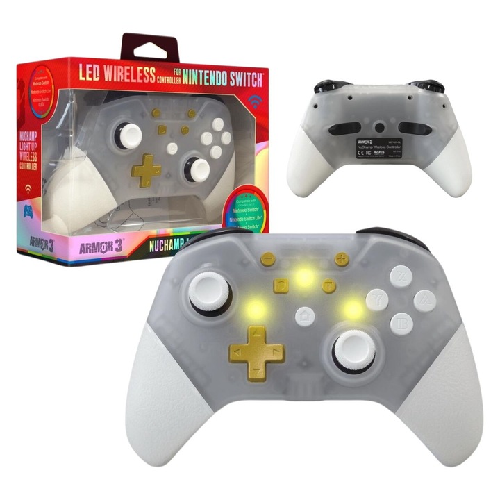 Controler wireless Hyperkin Armor3 NuChamp Clear pentru Nintendo Switch, Bluetooth, iluminare LED