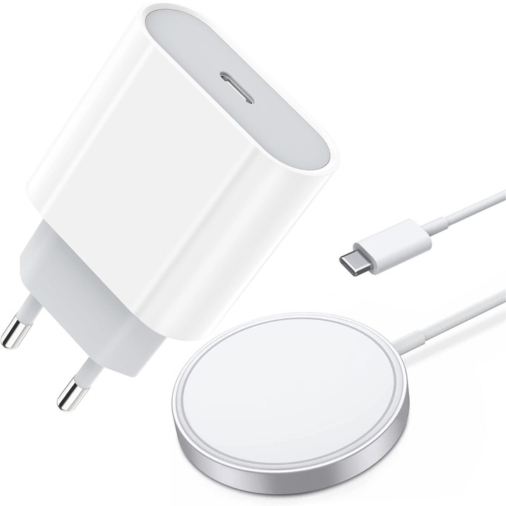 ZAFIT® MagSafe съвместимо безжично зарядно, Адаптер за бързо зареждане 20W, съвместим с Iphone 15/14/13/12/11/Pro/Pro Max/Plus, Бял