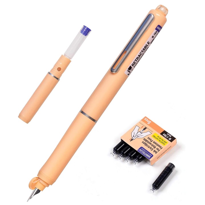 Set stilou retractabil Writech cu 5 patroane cerneala albastra culoare corp portocaliu