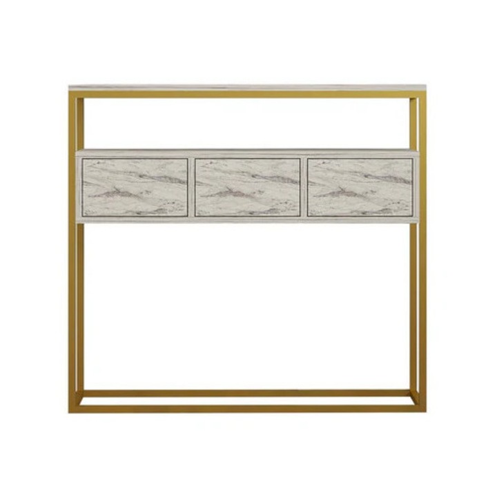 Consola Guarda, PAL melaminat/metal, 100x29x90 cm, alb cu efect de marmura/auriu