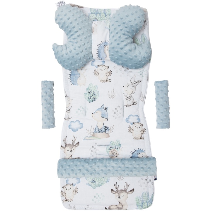 Set de 5 piese Insertie pentru carucior, Medi Partners, 78x35cm, 100% Bumbac, Model de Caprioara si arici, Albastru/Alb