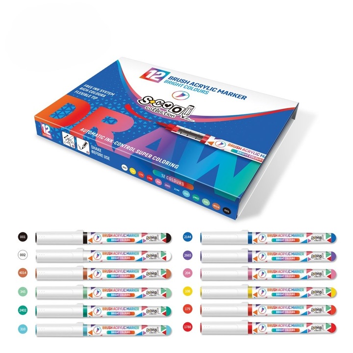 12 db S-cool akrilfesték-jelölő készlet, ecsetvég