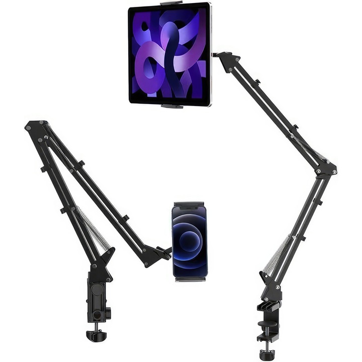 Suport tableta, 360° rotire, compatibil cu dispozitive de 4.7-12.9 inch, aluminiu, negru