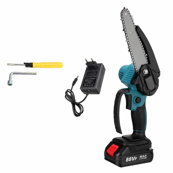 Mini fierastrau electric, motor fara perii, 2000W, viteza lant 5M/S, incarcator + baterie cu 5 celule de 6500 mAh, Compatibil cu acumulatorul Makita 18v