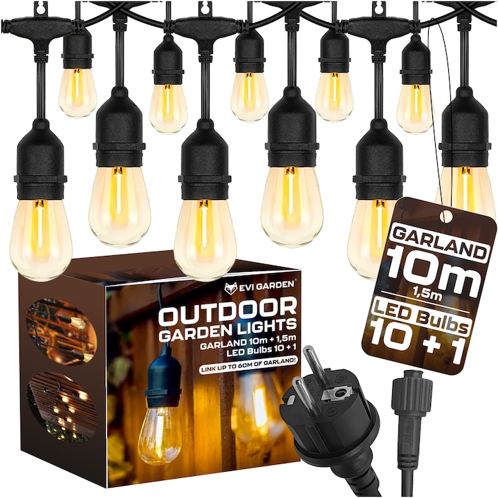 EVI GARDEN kültéri LED lámpafüzér, 10m + 1,5m, 10 E27 izzó + 1 tartalék, 60m-ig összekapcsolható, IP44, meleg fény 3600K, 230V