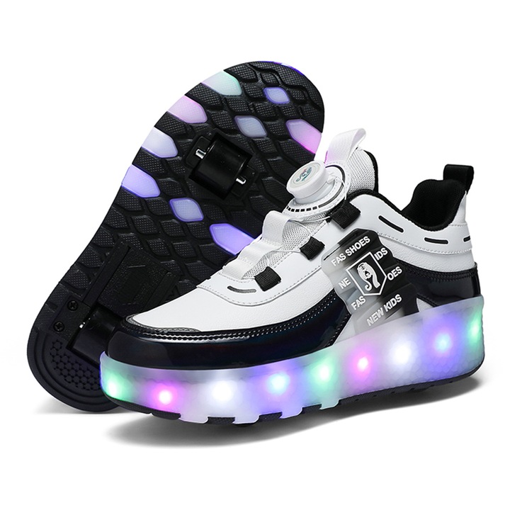 Role pentru copii,2 roti, cu roti detasabile patine sport, Cu LED, patine tenis, negru si Alb, marimea 32