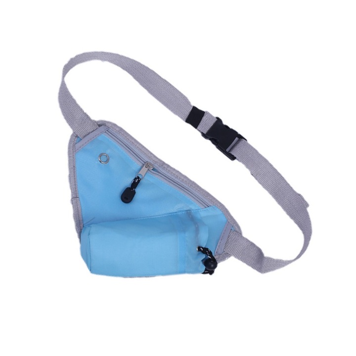 Sporttáska, poliészter, izzadságelnyelő és vízálló, fejhallgató-csatlakozóval és fényvisszaverő csíkkal, húzózsinóros csattal, több zsebbel, unisex, kék, 28×21×20cm