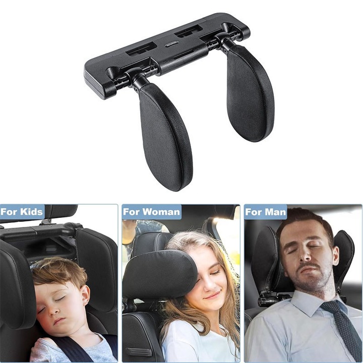 Perna pentru tetiera auto, Tioialz®, tetiera reglabila pentru scaune auto, perna de sustinere a capului si gatului potrivita pentru calatorii cu copii si adulti, numai pentru tetierele scaunelor auto cu tije - negru