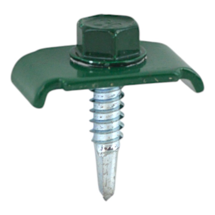 Set 50 buc, Clema fixat gard bordurat, Verde Moss, RAL 6005, cu surub autoforant, 6.3x25 mm, DIN 7504K, clema 30x20 mm