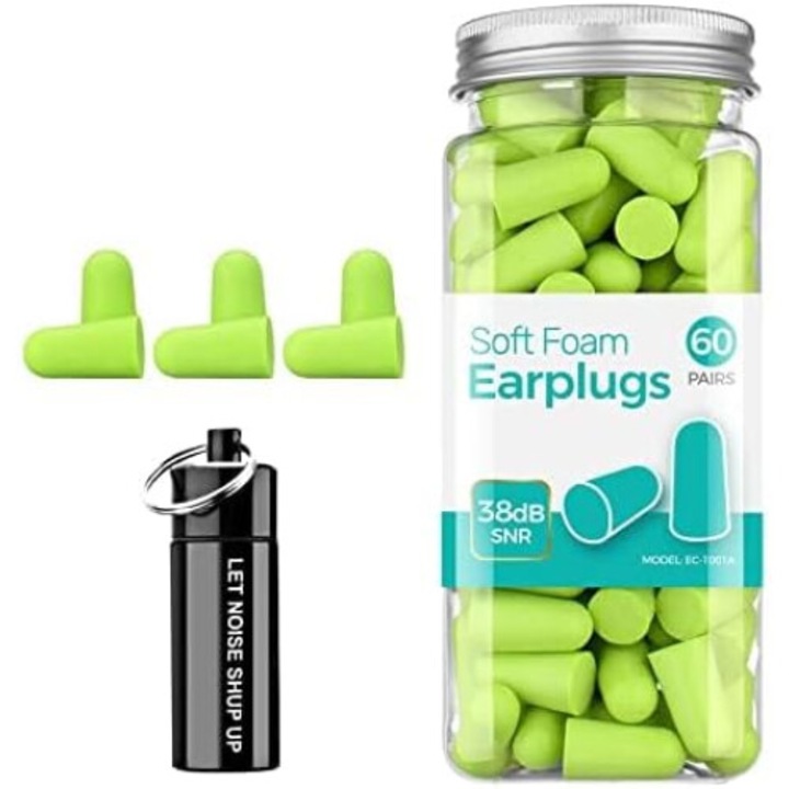 Set 60 dopuri urechi, 38dB, reducerea zgomotului, spuma PU super moale si netoxica, cu carcasa depozitare, Verde