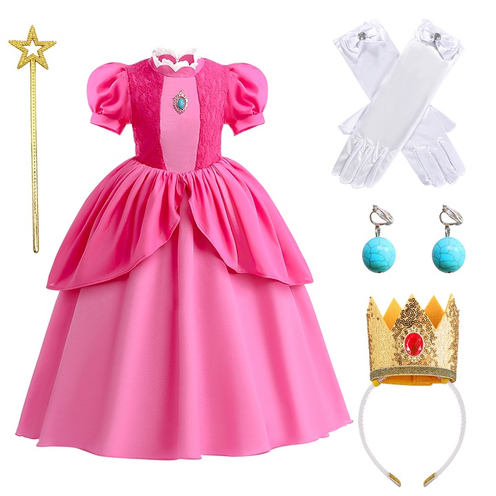 Set rochie Princess Peach, Costum Printesa Peach, Rochie Princess roz, rochie Printesa Peach, Cosplay, Paste, Ziua Copilului, Carnaval, Craciun, Halloween, Poliester, 2-3 ani, 100 cm, Roz/roz deschis