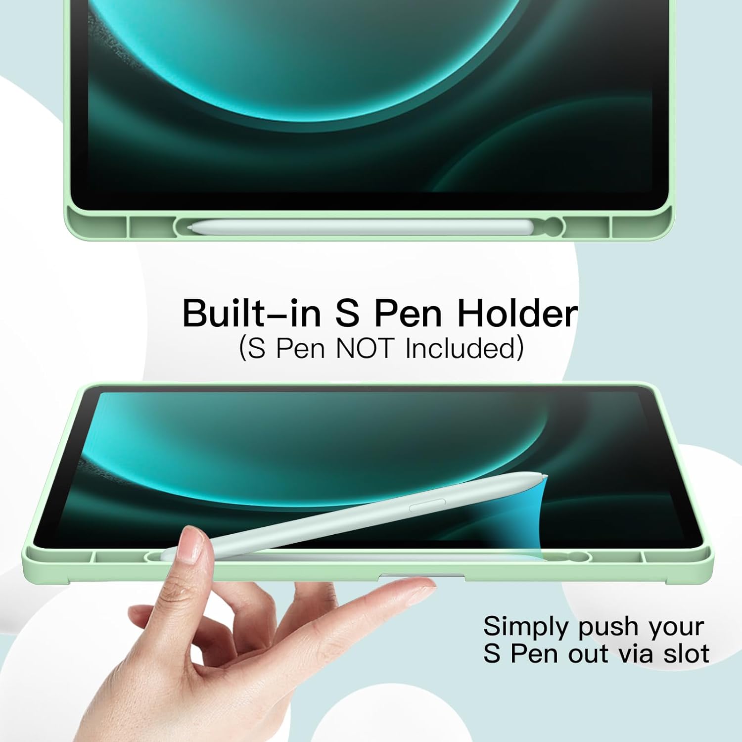 Husa pentru Samsung Galaxy Tab S9, S9 FE, S10 FE Soft Shell UltraSlim tip stand functie sleep/wake-up si slot pentru S-Pen verde deschis