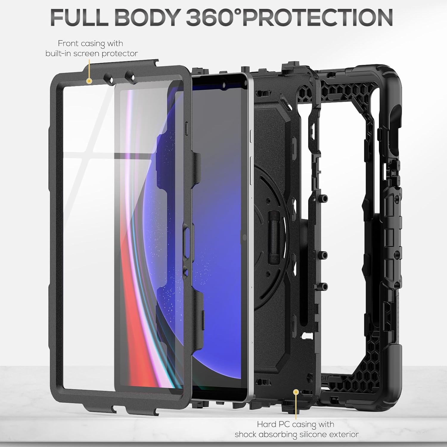 Pachet 360: Husa cu folie integrata Samsung Galaxy Tab S9 / S9 FE inch Shockproof Armor negru