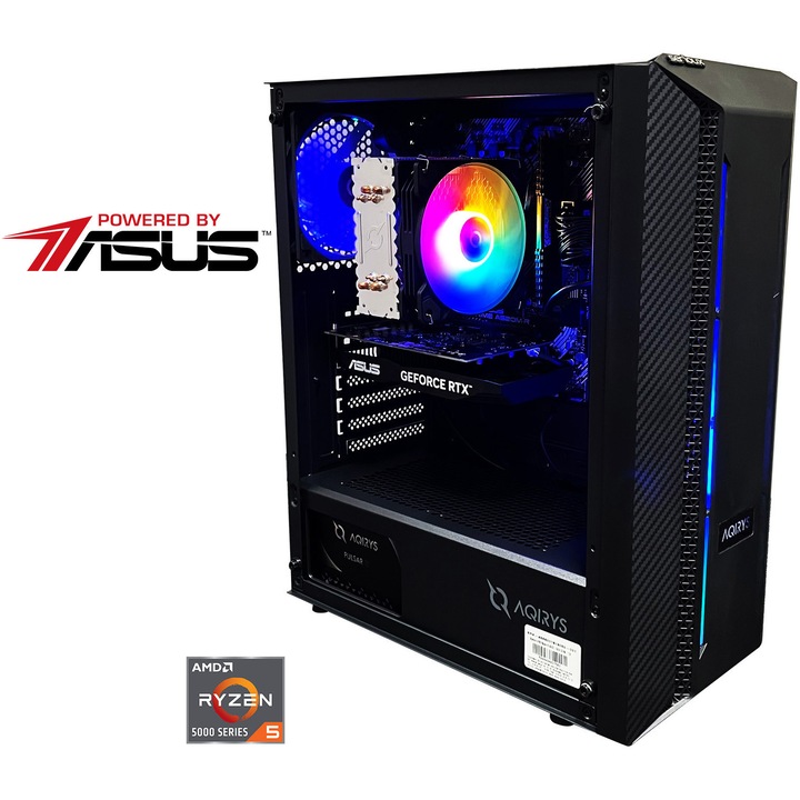 Sistem Desktop PC Gaming Serioux Powered by ASUS cu procesor AMD Ryzen™ 5 5500 pana la 4.2GHz, 16GB DDR4, 1TB SSD, ASUS Dual GeForce RTX™ 3050 OC 6GB GDDR6, No OS, Negru