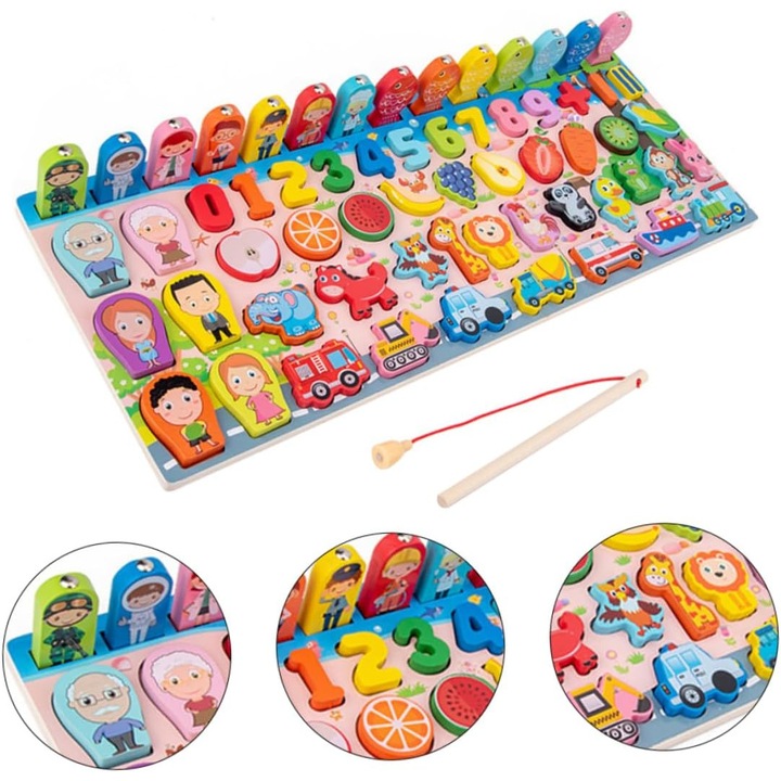 Joc educational Montessori din lemn, fructe si legume, animale, masina si joc de pescuit cu magneti, cadou, cadou pentru copii, 3+ ani