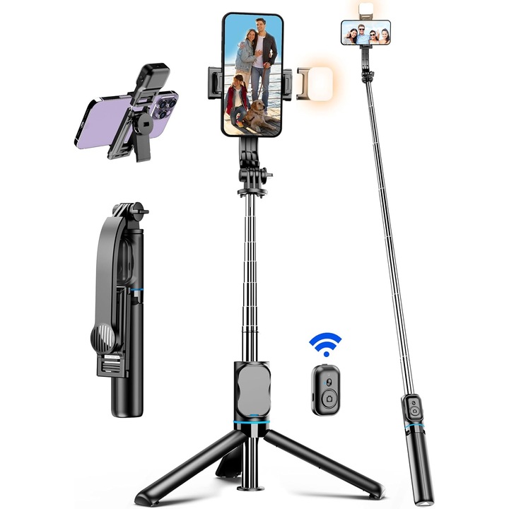 Trepied Foto Telescopic, Pentru Camera Foto/Telefon, Telecomanda Bluetooth, Lumina LED, functie selfie stick, ajustabil, Universal, H19-106cm, Aluminiu, Negru