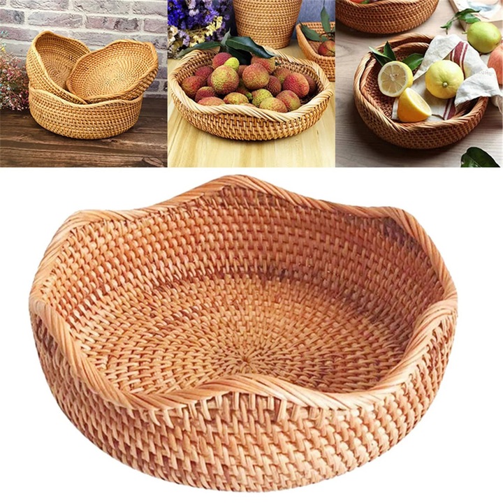 Set 3 cosuri rotunde din rachita naturala, organizator bucatarie, 22x22x7cm-29x29x10cm