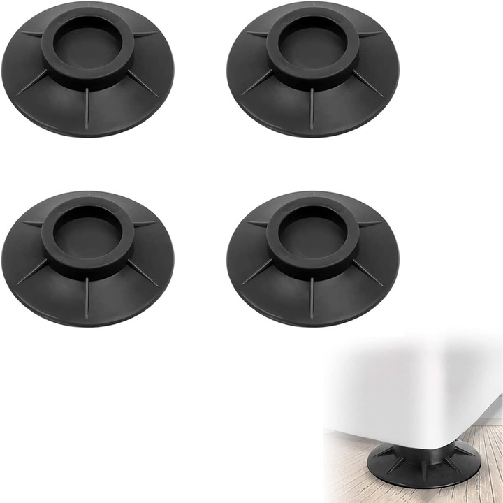 Set 4 paduri amortizare tip suport antivibratii, antizgomot, antiderapante, pentru masina de spalat, uscator rufe, masina spalat vase, frigider, piese de mobilier, fixare prin ventuza, capacitate portanta mare, impermeabile si rezistente la caldura, negru