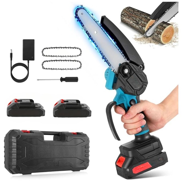 Mini fierastrau electric portabil / Mini drujba cu lant pe acumulator, Lama si lant de 6 Inch, Acumulatori de 48 V, Albastru, Impact Vision®