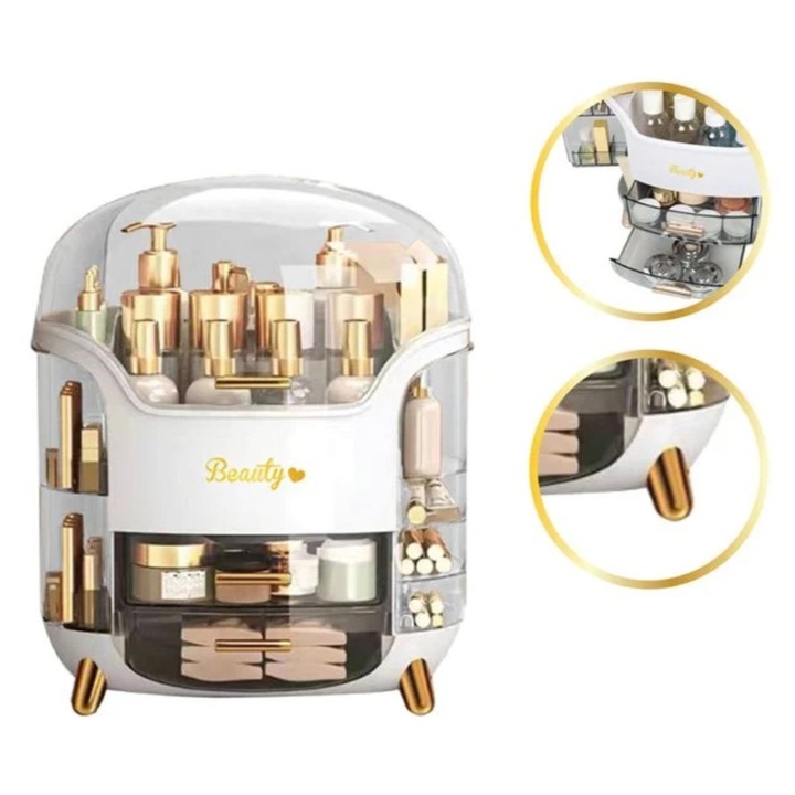 Organizator produse cosmetice, Beauty, mini dulapior cu sertare, alb/auriu, 20x30x34 cm
