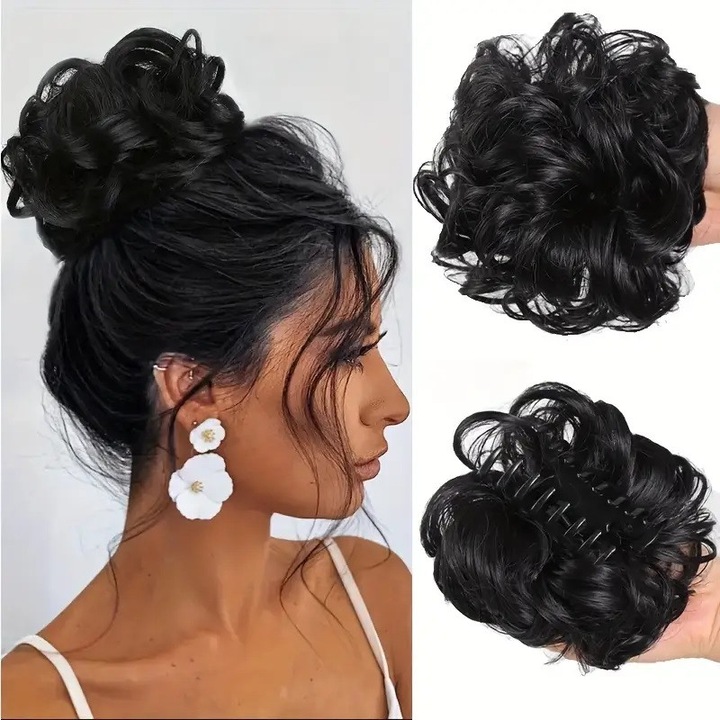 Extensie Coc, Negru, Animis Beauty, par sintetic ondulat, prindere cu cleste, 13 cm diametru