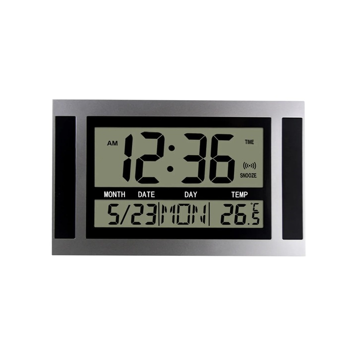 Elektronikus digitális óra nagyméretű képernyővel, ébresztő és hőmérő funkciókkal, fekete, 25x15,5x2,3cm