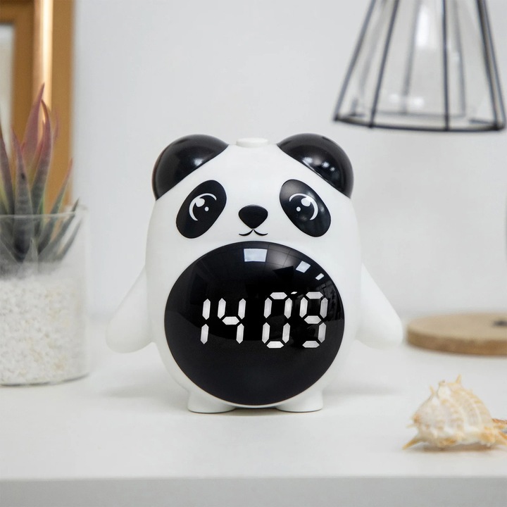 Ceas desteptator electronic YANYXR, design urs panda, mod noapte reglabil, negru, 12x11x8cm