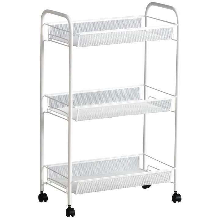 Sistem depozitare tip carucior, cu roti si polite, 3 rafturi, alb, 25x47x76 cm