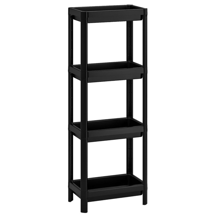 Etajera cu 4 rafturi, negru, plastic polipropilenic, organizare baie si bucatarie, 23x37x100 cm