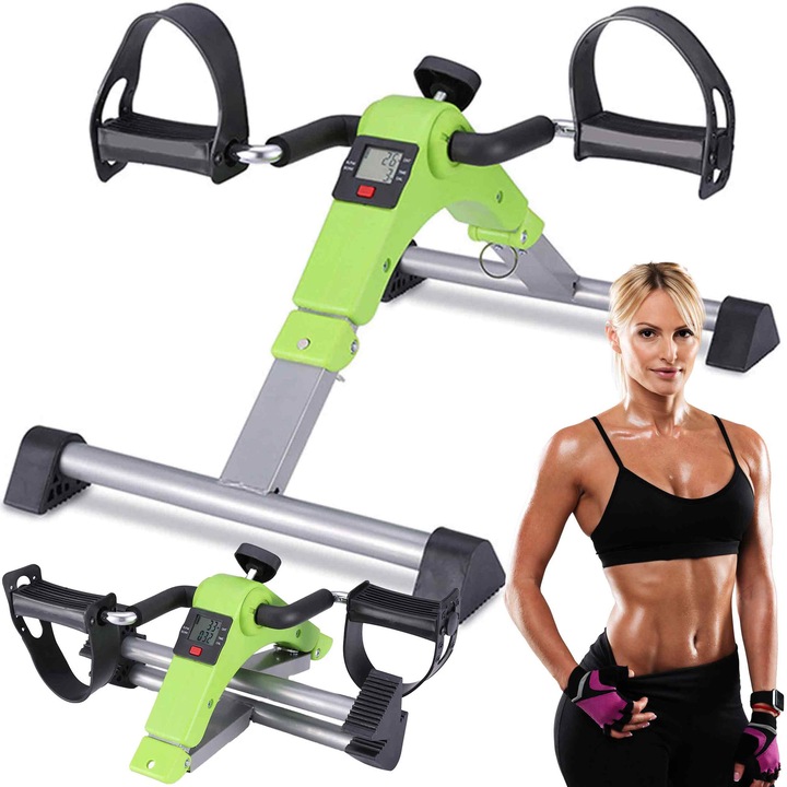 Set bicicleta fitness stacionara Renew Force®, Pedalier pentru recuperare medicala afisaj, cu reglare a rezistentei, compacta, greutate maxima utilizator 100 kg, 36x49x24cm, 2.4kg, negru ROTOR-80G