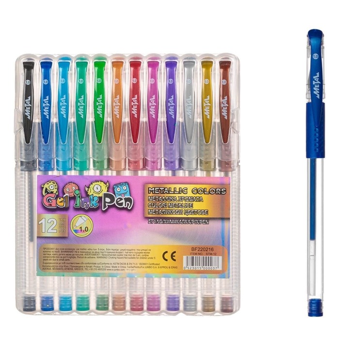Set Pixuri 12 Buc Culori Metalizate cu Corp Transparent si Cutie din Plastic pentru Notite Creative Jurnal Scoala