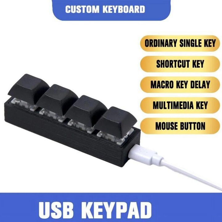 4Keys мини механична клавиатура, черна, 79x27x22 мм, с макро функции, 1 м кабел