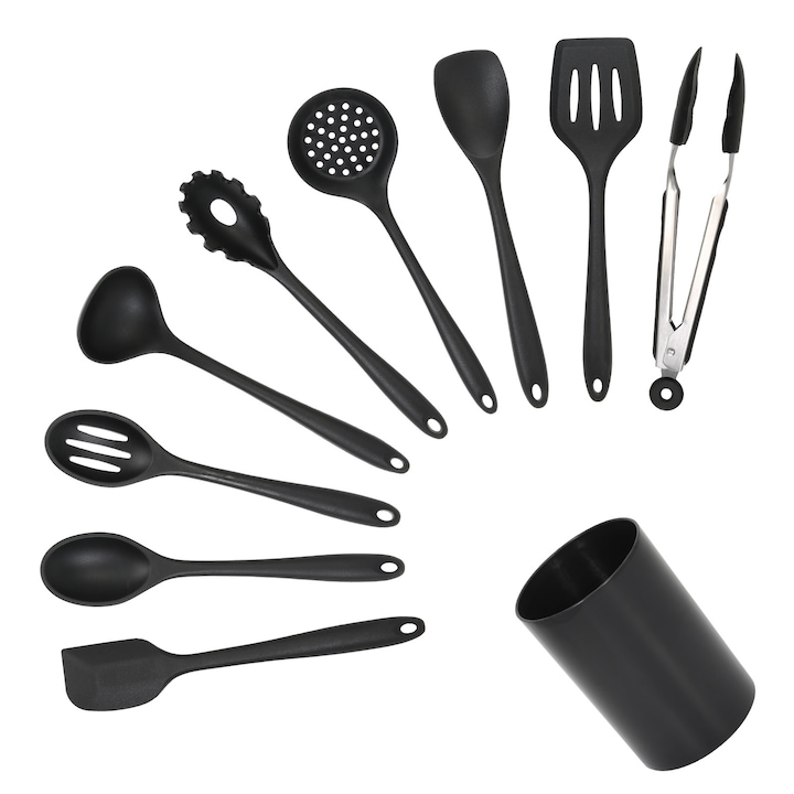 Set ustensile de bucatarie din silicon, 10 piese, rezistente la caldura, fara BPA, cu suport, Negru
