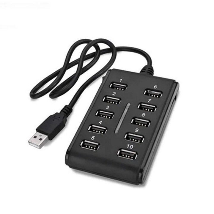 10 portos USB 2.0 hub, tápellátással, többszínű, kompakt méret