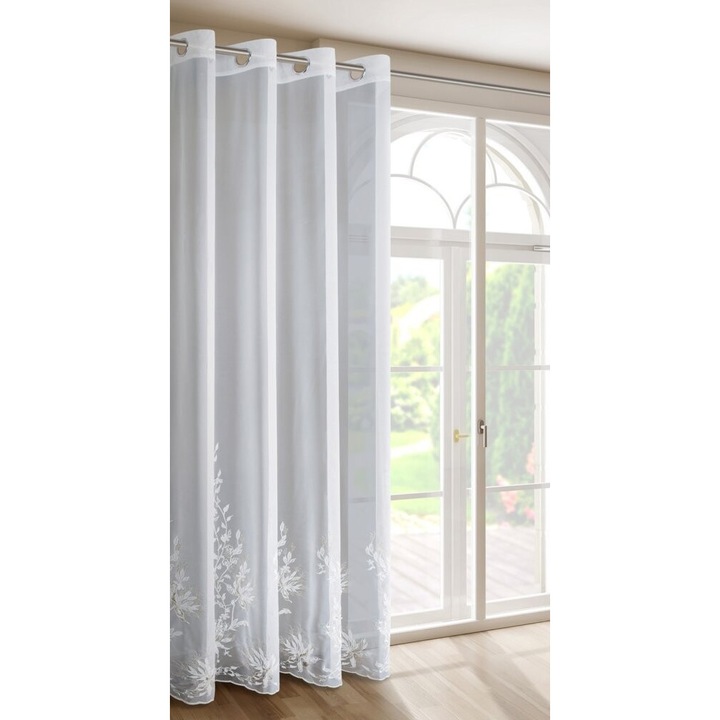 Perdea, Eurofirany, Julia, Florala, Alba, 140x250 cm, Transparenta Cu Broderie Florala Si Perle, Pentru Camera De Zi, Usor De Montat, Organza