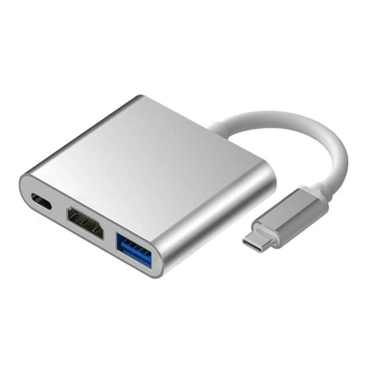 3 az 1-ben USB-C HDMI 4K kábel adapter, ezüst, 24cm