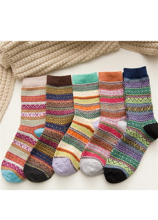 Комплект от 5 дамски чорапи, етнически, Многоцветен, One Size