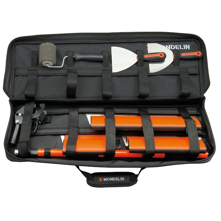 Set profesional glet MONDELIN Ergolame® cu 7 piese, gletiere, spacluri, trafalet, prelungitor in geanta de transport
